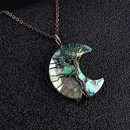 Bivei Life Tree Crescent Moon Necklaces for Women | Copper Wire Wrap Gemstones Pendant Crystals and Natural Stones Necklace Witch Jewellery Christmas Valentine's Day for Friends - color: Blue Abalone Shell, style: Pack of 1