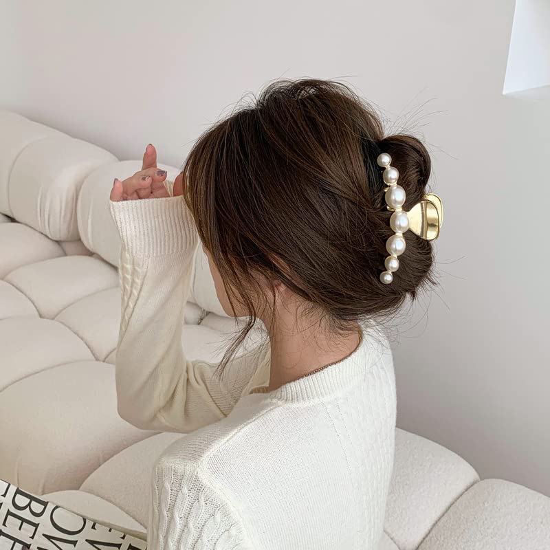 Hair Clip, Large Pearl Gold Metal Hair Claw Clips, Nonslip Hair Accessories for Thick Long Hair, Birthday Gift for Women, Girls, Daughters, Girlfriends - color: Big Pearl