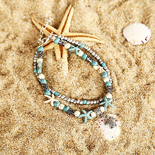 Softones Blue Starfish Turtle Anklet Multilayer Charm Beads Sea Handmade Boho Anklet Foot Jewelry for Women - style: E:2pcs Turtle Wave