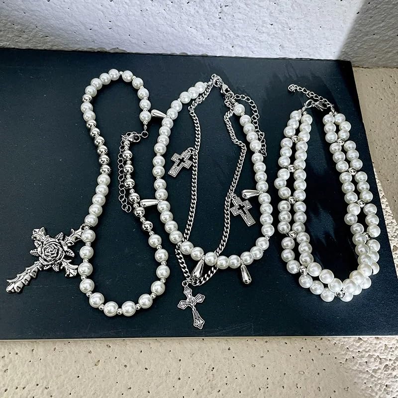 Layered Pearl Necklace Gothic Cross Pearl Stacked Necklace for Women | Statement Chunky Silver Choker Necklace