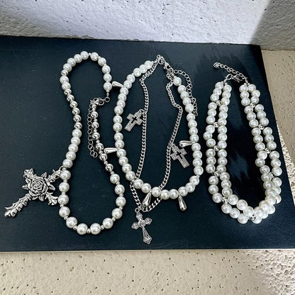 Layered Pearl Necklace Gothic Cross Pearl Stacked Necklace for Women | Statement Chunky Silver Choker Necklace