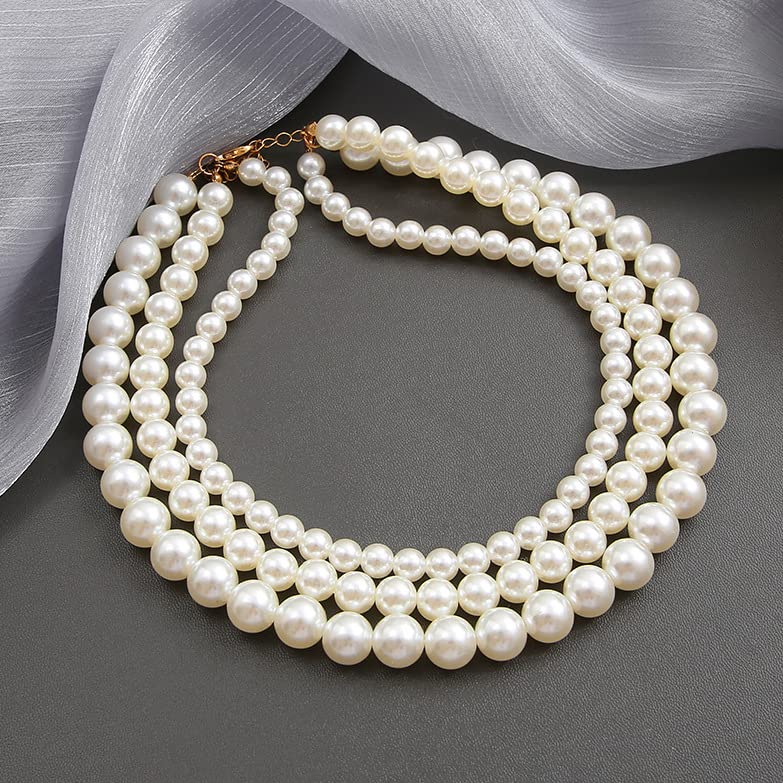 3 Strand Pearl Necklaces for Women Faux Pearl Choker Necklace for Women White Three Strand Pearls Necklace for Wife Layered Pearl Necklace for Mother Pearl Gifts
