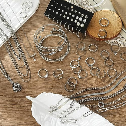 IFKM 36 PCS Silver Plated Jewelry Set with 3 PCS Necklace, 12 PCS Bracelet, 7 PCS Ear Cuffs Earring, 14 Pcs Knuckle Rings for Women Valentine Anniversary Birthday Friendship Gift - color: 41pcs Fashion Silver