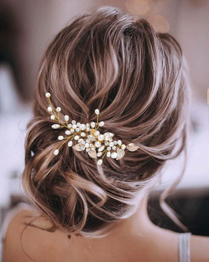 GORAIS Bride Wedding Hair Vine Pearl Bridal Headpieces Leaf Hair Accessories for Women and Girls - color: c-gold