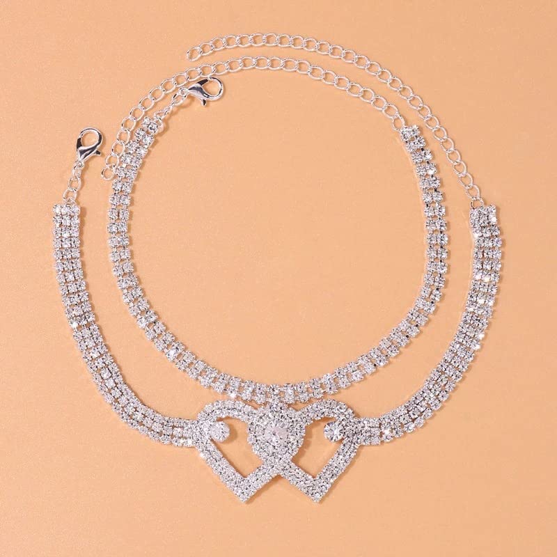 Sora Tuki Ankle Bracelets for Women Tennis Rhinestone Anklets for Women Butterfly Heart Star Cross Anklet Bracelet for Women Plus Size Anklet Bracelets for Big Ankle Beach Foot Jewelry - style: 2 - layer double heart