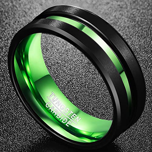 NUNCAD 8mm Men's Tungsten Rings Multi-Color/Green/Purple Plated Grooved Black Matte Finish Beveled Edges Size 4 to 16 - color: Green Grooved