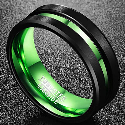 NUNCAD 8mm Men's Tungsten Rings Multi-Color/Green/Purple Plated Grooved Black Matte Finish Beveled Edges Size 4 to 16 - color: Green Grooved