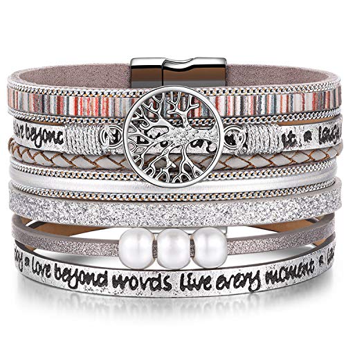 Desimtion Inspirational Tree of Life Boho Leather Wrap Bangle Bracelets for Women, Teen Girl Gifts Trendy Stuff, Fashion Accessories Jewelry Gifts for Women Girls - color: Silver