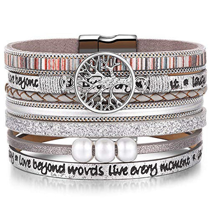 Desimtion Inspirational Tree of Life Boho Leather Wrap Bangle Bracelets for Women, Teen Girl Gifts Trendy Stuff, Fashion Accessories Jewelry Gifts for Women Girls - color: Silver