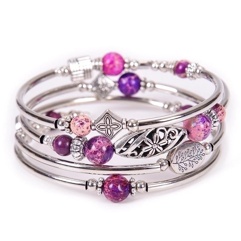 Boho Wrap Beaded Bracelet for Women – Handmade Natural Stone Jewelry – Stainless Steel Adjustable Ethnic Chic Gift - color: Purple Emperor