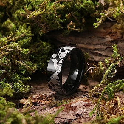 King Will Mens 6mm 8mm Tungsten Carbide Wedding Bands Inlay Lasered Brushed Wedding Rings for Men Women | Brushed, Lasered Seagull/Forest Landscap/Panda/Deer/Hunting/Fly Fishing, Comfort Fit, Everyday Wear - color: Howling Wolves