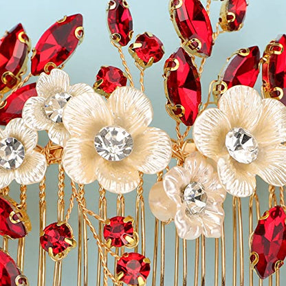 Bridal White Flower Red Crystal Rhinestone Hair Comb for Bride Bridesmaid Sliding side Headpieces Wedding Hair Accessories for Women and Girls (Red) - color: Red