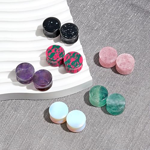 Longbeauty 12Pcs Natural Stone Ear Gauges Plugs Saddle Double Flared Stone Plugs Gauges for Men Women Ear Piercing Jewelry 2g-5/8 - color: 00g (10mm)