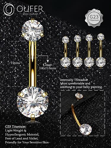 OUFER Belly Button Rings, G23 Solid Titanium Belly Rings, Clear CZ Navel Piercing Jewelry, Internally Threaded Belly Piercing Jewelry for Women