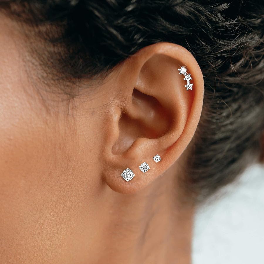 Stud Earring for Women, 14K Gold Silver Plated Hypoallergenic Studs Set | Trendy Cartilage Tragus Helix Clover Flower Earring Stack for Multiple Piercing, Dainty Cute Small Jewelry Gift, Non Tarnish - style: SL-CZ/Climbers A-4 Pairs