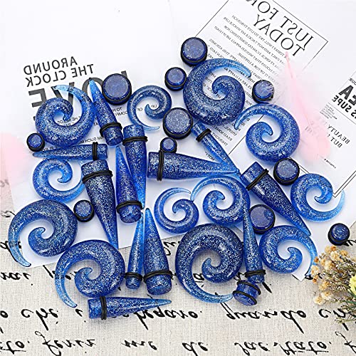 Qmcandy 00G-20mm Ear Stretching Kit 36PCS Big Gauge Taper Kit Large Acrylic Tunnel Plug Spiral Set - color: 36pcs, Glitter Blue