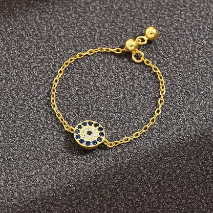 925 Sterling Silver Adjustable Link Chain Rings for Women Daughter | Dainty 14k Gold Plated Evil Eye/Cross/Flower Ring Sparkly Twist Rope with Bead Dangle Stackable Ring Jewelry Birthday Gifts - color: Style 7-Gold