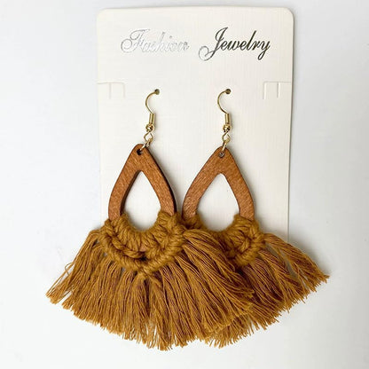Bohemia Tassel Earrings Statement Handmade Dangle Ethnic Fringe Earrings Bamboo Weaving Geometric Square Sector Gifts for Women - color: waterdrop brown