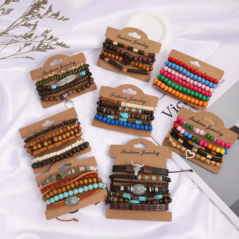 Boho Wood Beaded Bracelet Set for Men Women, Multilayer Stackable Vintage Tribal Wooden Stretch Bracelets, Natural Wood Bead Jewelry for Casual Party Gifts