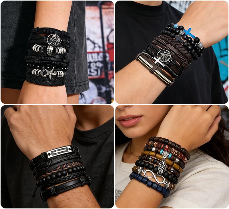 31Pcs Mens Braided Leather Bracelets Bulk Bracelets for Men | Punk Handmade Ethnic Tribal Bracelets Wristbands Adjustable Wood Beads Wristband Brown Gothic Cross Skull Skeleton Bracelet