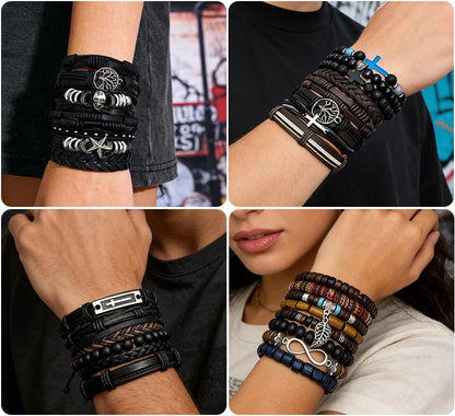 31Pcs Mens Braided Leather Bracelets Bulk Bracelets for Men | Punk Handmade Ethnic Tribal Bracelets Wristbands Adjustable Wood Beads Wristband Brown Gothic Cross Skull Skeleton Bracelet