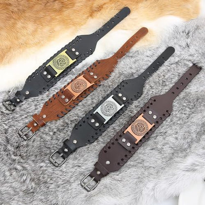 GelConnie Viking Bracelet Punk Leather Cuff Bracelet Gothic Leather Wristband Bracelet with Nordic Amulet Scandinavian Talisman Celtic Pagan Jewelry - color: MLPB078-Brown