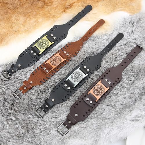 GelConnie Viking Bracelet Punk Leather Cuff Bracelet Gothic Leather Wristband Bracelet with Nordic Amulet Scandinavian Talisman Celtic Pagan Jewelry - color: Silver Black