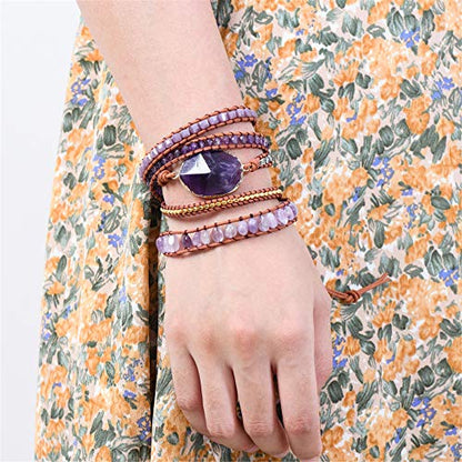YGLINE Boho Handmade Wrap Leather Tube Crystal Stone Bracelet for Women - color: Amethyst