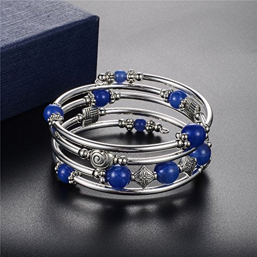 Beaded Pearl Bangle Wrap Bracelet - Fashion Bohemian Jewelry Multilayer Charm Bracelet with Thick Silver Metal Beads, Gift For Women - color: Blue