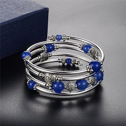 Beaded Pearl Bangle Wrap Bracelet - Fashion Bohemian Jewelry Multilayer Charm Bracelet with Thick Silver Metal Beads, Gift For Women - color: Blue