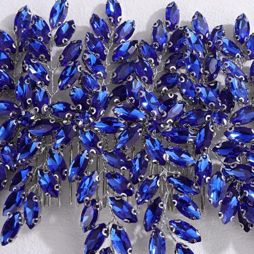 Bridal Rhinestone Hair Comb Large Rhienstone Wedding Headpiece Handmade Crystal Hair Comb for Bride Wedding Hair Accessories for Women (blue) - color: blue