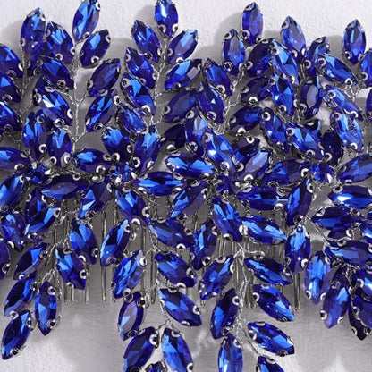 Bridal Rhinestone Hair Comb Large Rhienstone Wedding Headpiece Handmade Crystal Hair Comb for Bride Wedding Hair Accessories for Women (blue) - color: blue