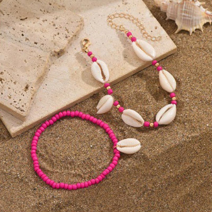 INENIMARTJ Puka Shell Anklets Bracelet for Women Colorful Shell Beaded Anklet Summer Ocean Hawaiian Beach Foot Jewelry Mermaid Seashell Anklets Jewelry for Women - color: rose red