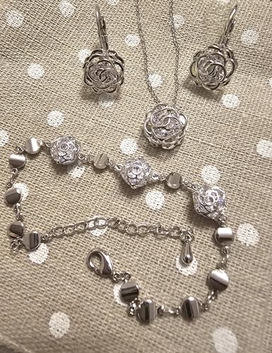 Women 18K Gold Plated White Crystal Roses Flower Set Necklace Earrings Bracelet for Women Wedding Party Bridal Bridesmaid Accessories - color: Silver