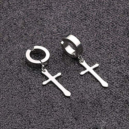 Non-pierced Earrings Set for Men Women Cross Titanium Steel Hoop Dangle Clip On Earring - style: set of 2 pairs