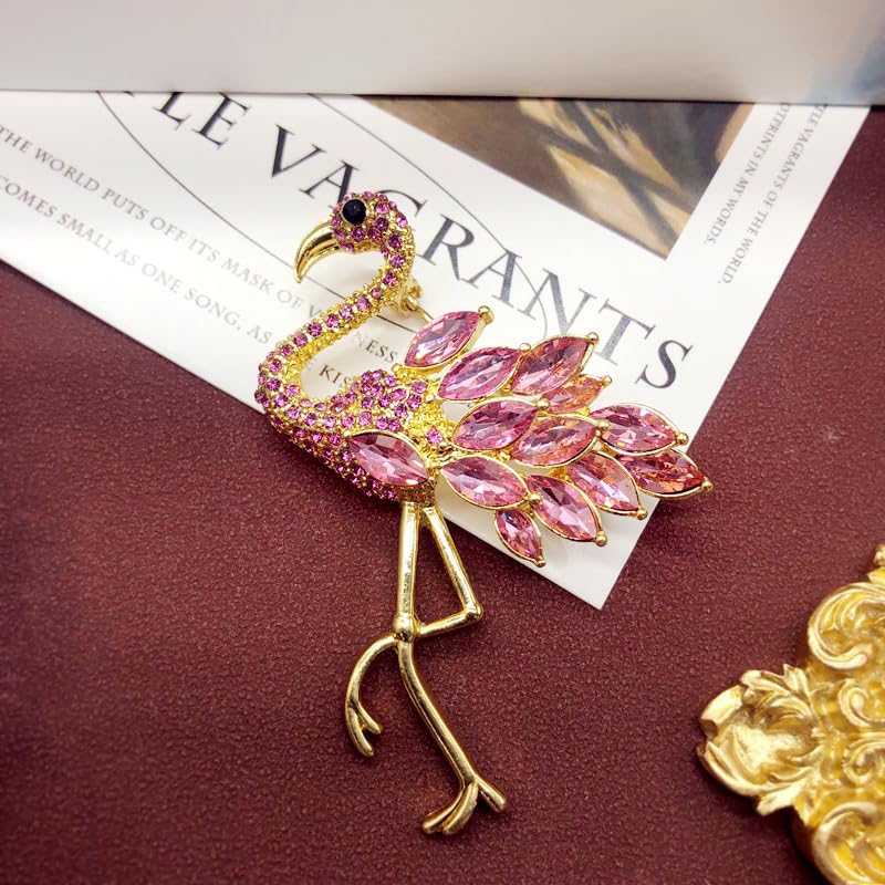 Flamingo Brooch Pins for Women Crystal Rhinestone Pink Bird Animal Broach Dresses Coat Jacket Birthday Wedding Festival Jewellery Gifts