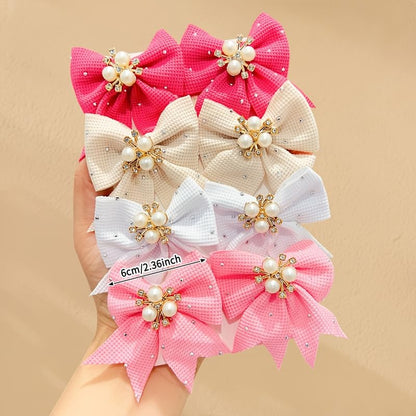 8 Pcs Waffle Fabric Bow Alligator Clips,Set With Faux Pearl Cluster And Sparkly Rhinestone Trim,Solid Tone Fabric Barrettes For Hairstyle Matching(Multicolor)