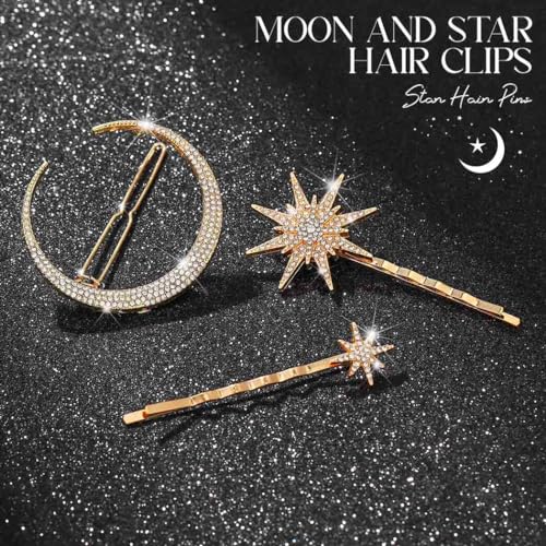 BARTOSI Moon Star Hair Clips Gold Stars Hair pins Crystal Celestial Hair Accessories for Women and Girls (Pack of 3) - color: Gold-Rhinestone