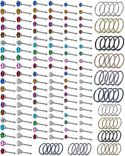 180Pcs 20G Surgical Stainless Steel Nose Rings Hoops Straight/L Shapes Nose Studs 2.0/2.5/3.0mm Cubic zirconia Hypoallergenic Nose Studs Silver Gold Rose Gold Black Rainbow Blue Lip Rings Nose Rings Piercing Jewelry Set for Women Men - style: B:Hoops &I S