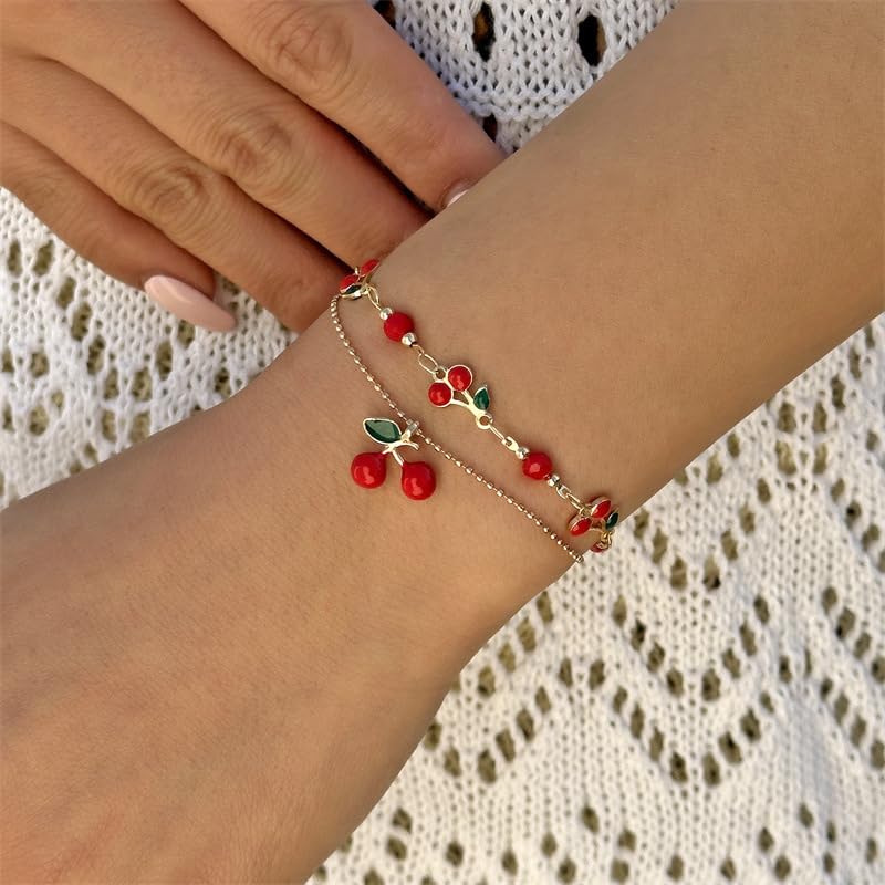 Tiny Red Cherry Fruit Necklace Bracelet Anklet Sweet Cherry Pendant Double Layered Gold Chain - color: red cherry bracelet