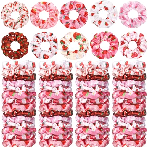 80 Pcs Summer Strawberry Satin Hair Scrunchies for Women Fruit Party Favors Silk Hair Ties Elastic Bands Ropes Ponytail Holders Ties Accessories Summer Wedding Party - style: Strawberries