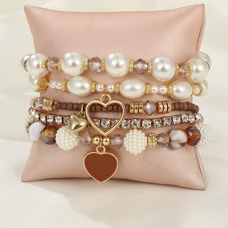 Pingyongchang Bohemian Stackable Beaded Bracelets Set for Women Multicolor Stretch Faux Pearl Heart Crystal Stretchy Bangles Multilayered Handmade Friendship Holiday Beach Jewelry Mother's Day Gifts - color: Brown