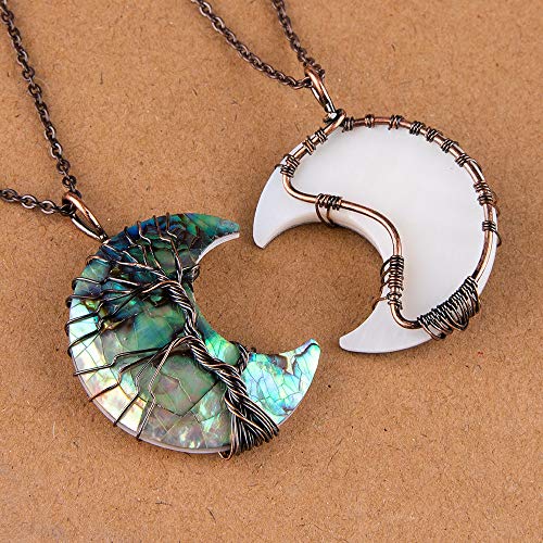 Bivei Life Tree Crescent Moon Necklaces for Women | Copper Wire Wrap Gemstones Pendant Crystals and Natural Stones Necklace Witch Jewellery Christmas Valentine's Day for Friends - color: Blue Abalone Shell, style: Pack of 1