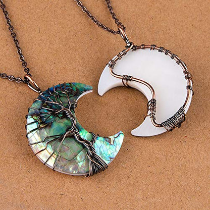 Bivei Life Tree Crescent Moon Necklaces for Women | Copper Wire Wrap Gemstones Pendant Crystals and Natural Stones Necklace Witch Jewellery Christmas Valentine's Day for Friends - color: Blue Abalone Shell, style: Pack of 1