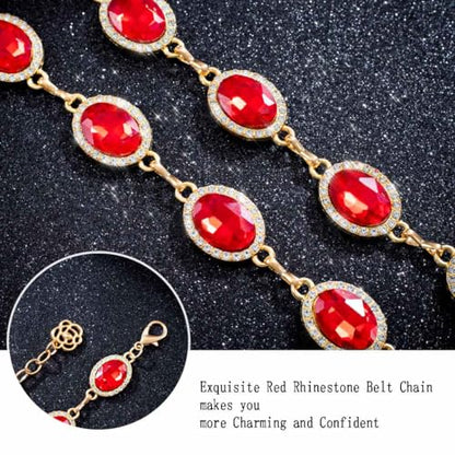 Red Rhinestone waist chain for Women Western Belt Golden Jewelry Chain - color: Red