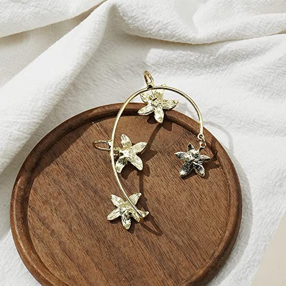 BETHYNAS Glitter Rhinestone Butterfly Flower Ear Cuff Sparkly Non-Pierced Crystal Tassel Fake Earrings Climber Lady Ear Wrap Bridal Party Ear Jewelry for Women and Girls - color: Gold Flower