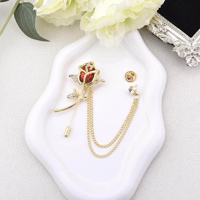 Crystal Rhinestone Flower Brooch Pin Rose Lapel Pins for Men Hanging Chain Brooch Suit Pin Mens Flower Lapel Pins for Suits - color: Red