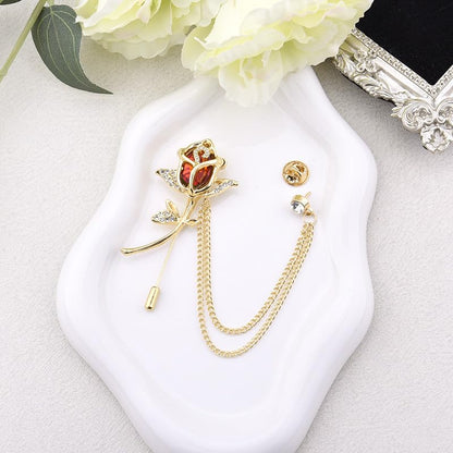 Crystal Rhinestone Flower Brooch Pin Rose Lapel Pins for Men Hanging Chain Brooch Suit Pin Mens Flower Lapel Pins for Suits - color: Red
