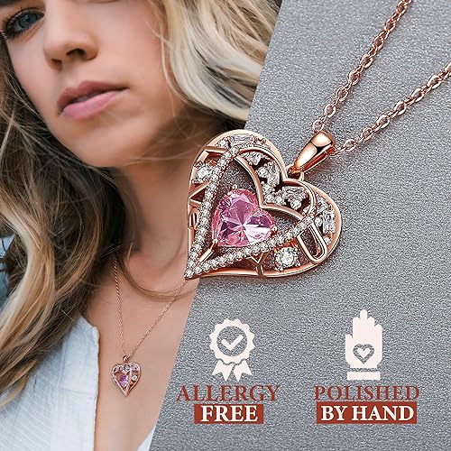 5 Heart I Love You Necklace for Women, Birthstone Crystal Pendant, Birthday Gift for Her, Wife, Mom, Rose Gold or Gunmetal Plated, 925 Sterling Silver Chain 18"+2" - color: 10-October-Pink Tourmaline Quartz Rose-Rose Gold Plated