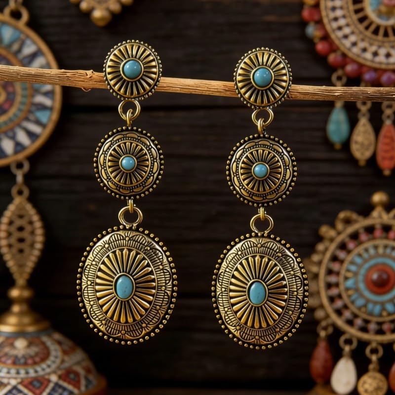 Boho Western Earrings for Women Western Feather Earrings Vintage Concho Turquoise Teardrop Dangle Earrings Country Concert Jewelry Accessories - style: Gold Turquoise Dangle